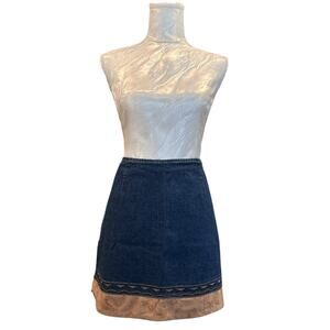 Y2K True Blue Sportswear Denim Mini Skirt Women Sz 14 Lace Hemmed Western Aztec